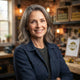 A professional portrait of a smiling female contractor in a clean workshop setting.